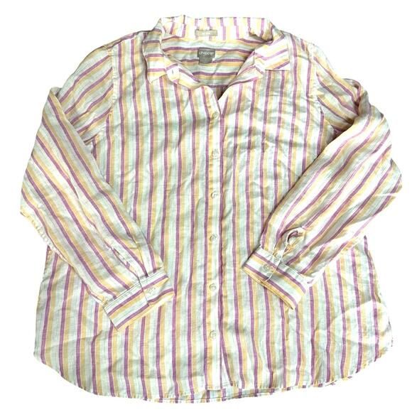 Chicos No Iron Linen Striped Button Down Top Size 2 (US Large) - Picture 1 of 7